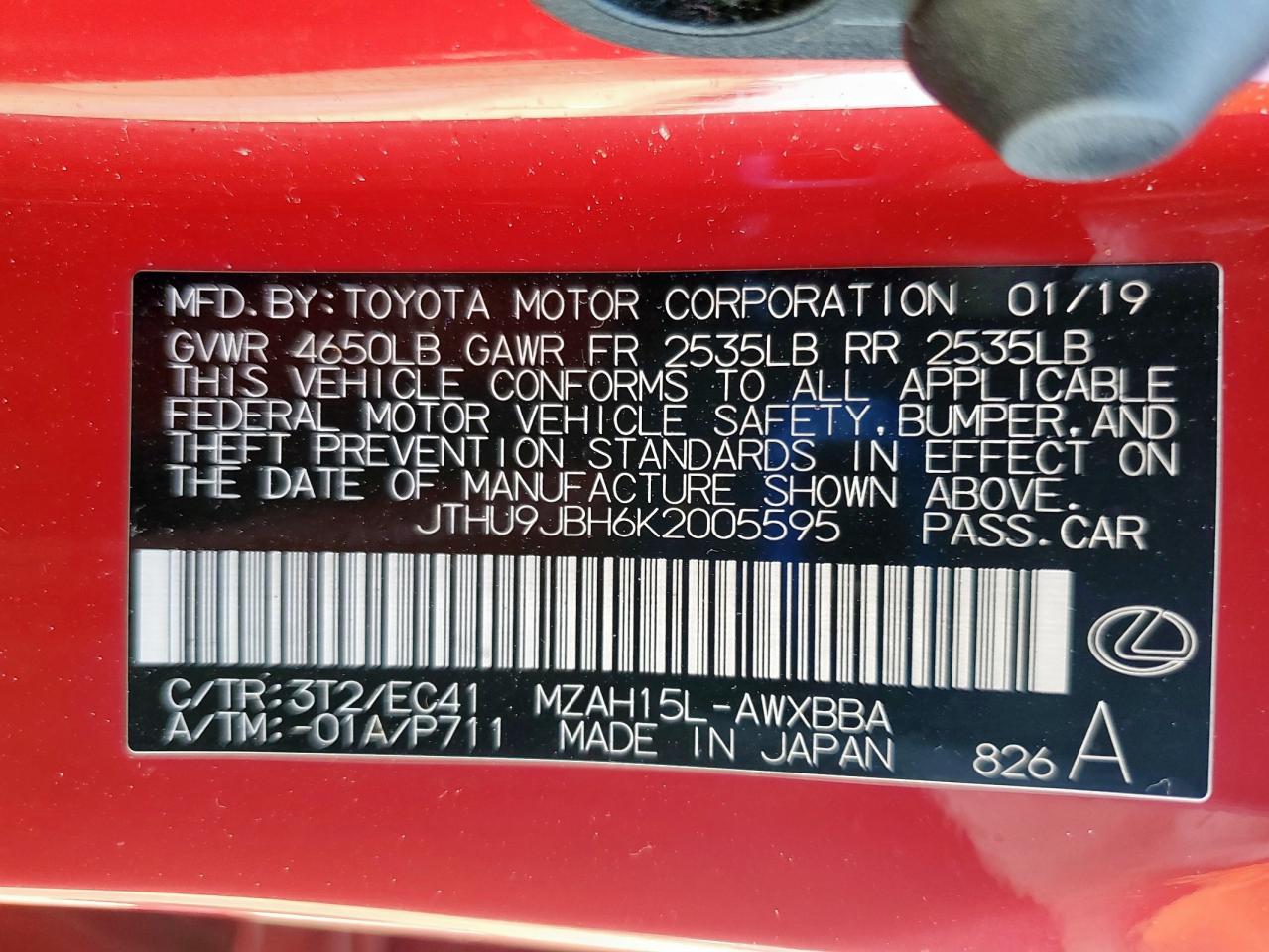 2019 Lexus Ux 250H VIN: JTHU9JBH6K2005595 Lot: 81508175