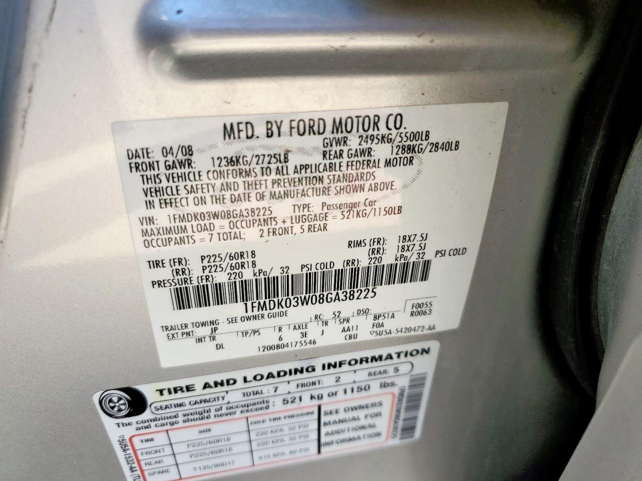 2008 Ford Taurus X Limited VIN: 1FMDK03W08GA38225 Lot: 72019425