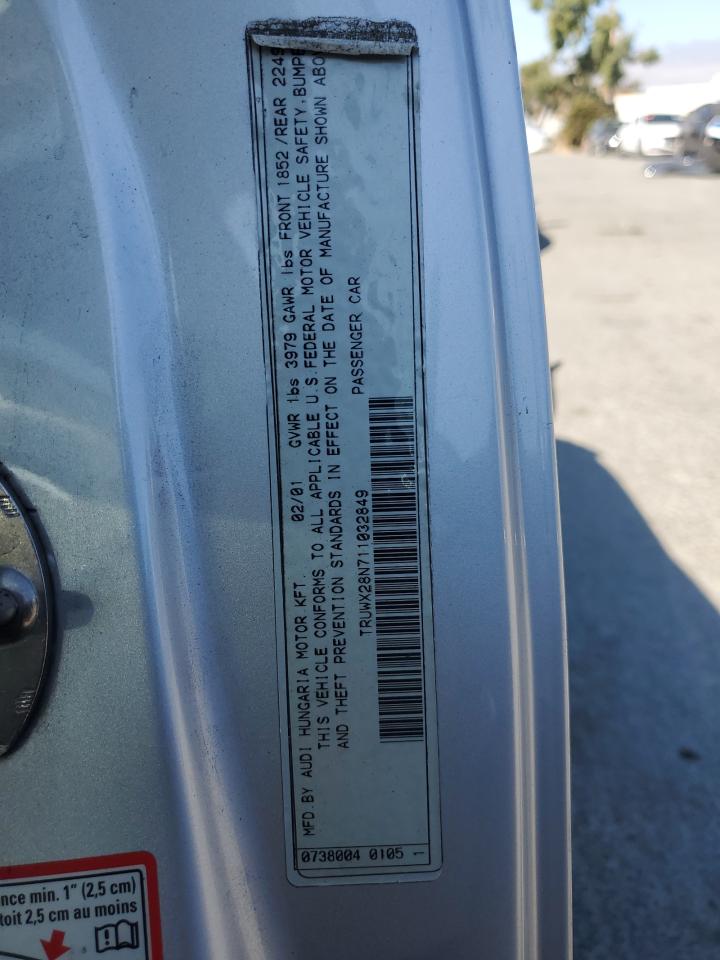 2001 Audi Tt Quattro VIN: TRUWX28N711032849 Lot: 71887025