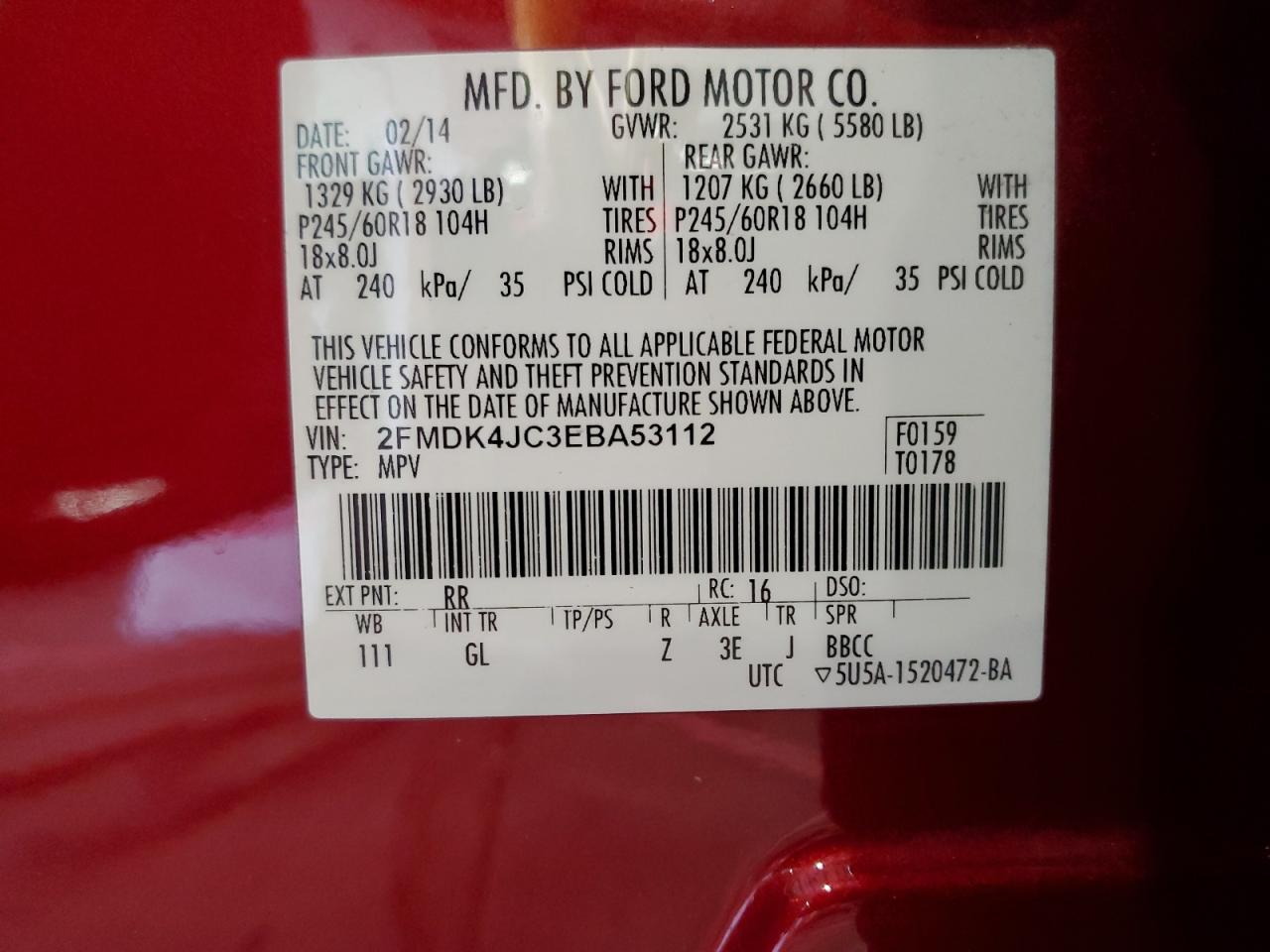 2014 Ford Edge Sel VIN: 2FMDK4JC3EBA53112 Lot: 84724945