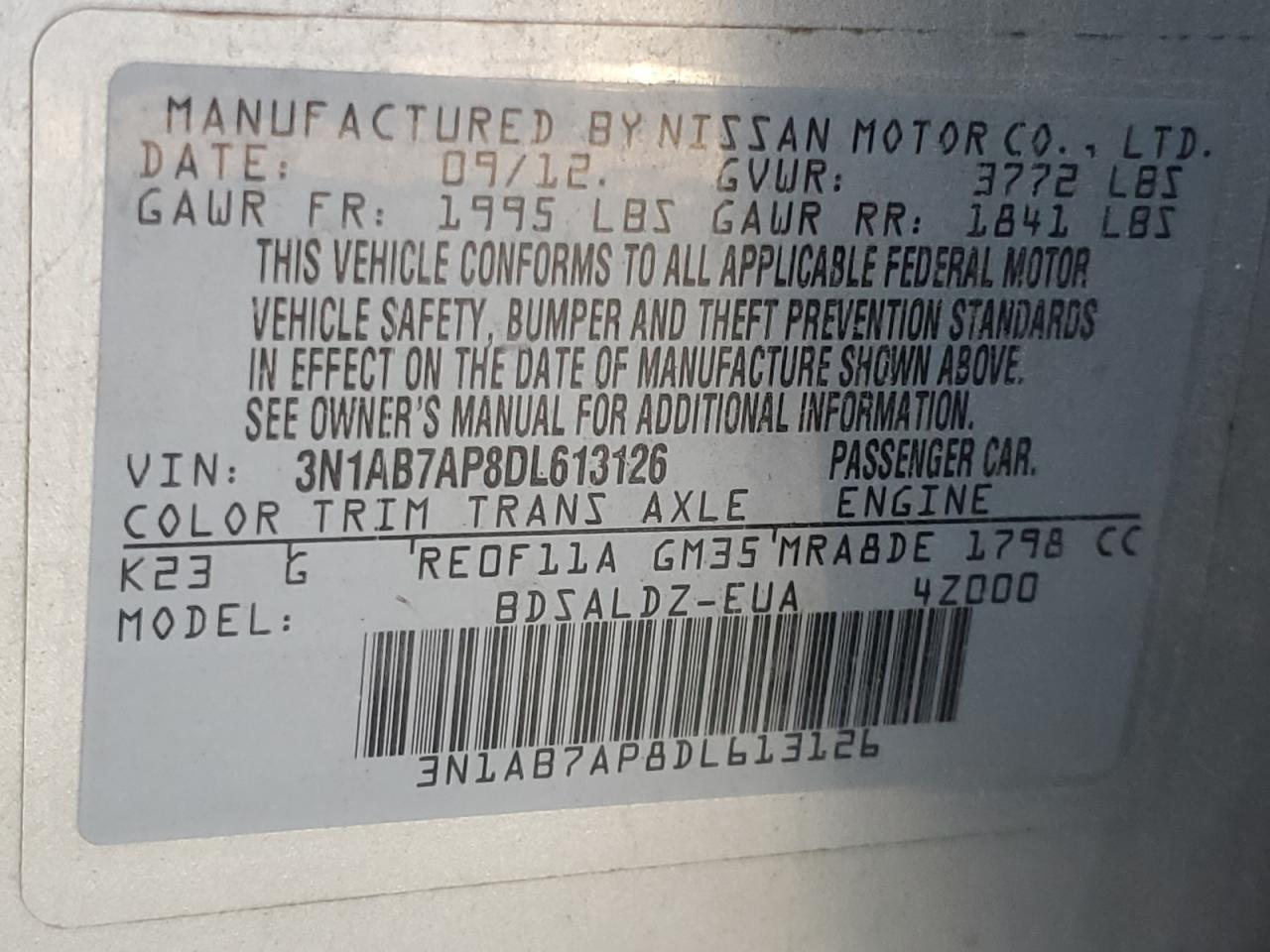 2013 Nissan Sentra S VIN: 3N1AB7AP8DL613126 Lot: 71874675