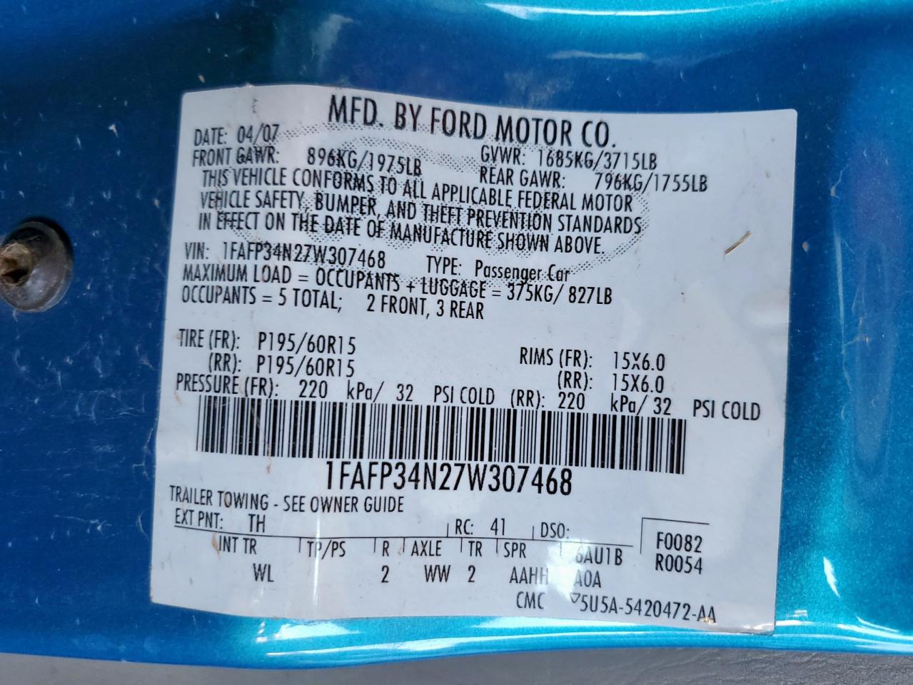 2007 Ford Focus Zx4 VIN: 1FAFP34N27W307468 Lot: 81488615