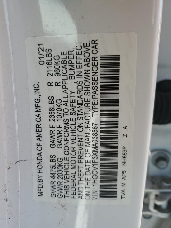 2021 Honda Accord Sport VIN: 1HGCV1F3XMA038567 Lot: 80008805