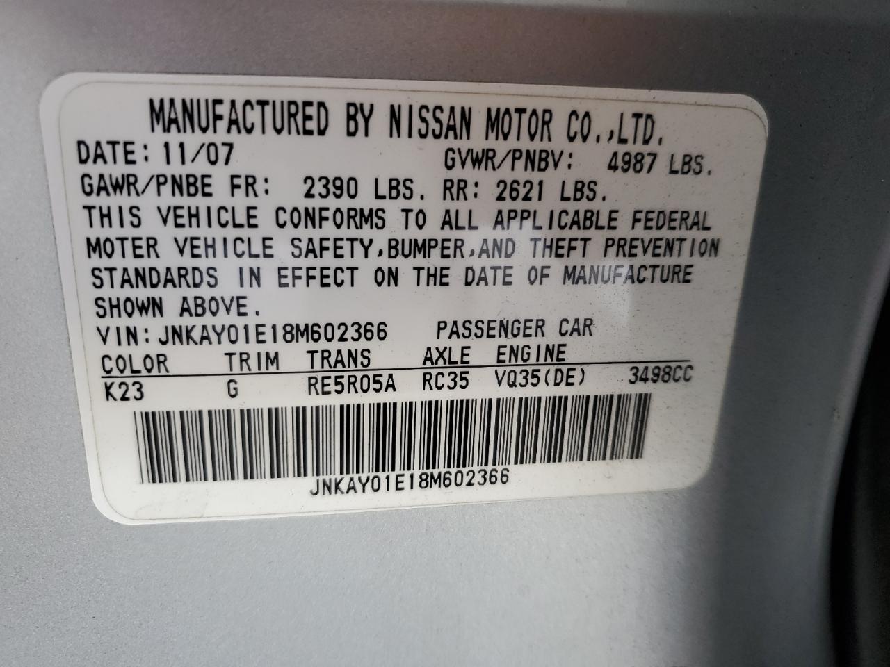 2008 Infiniti M35 Base VIN: JNKAY01E18M602366 Lot: 84607765