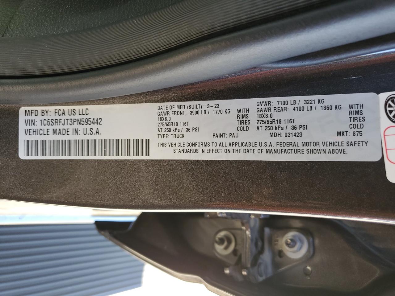 2023 Ram 1500 Laramie VIN: 1C6SRFJT3PN595442 Lot: 81836145