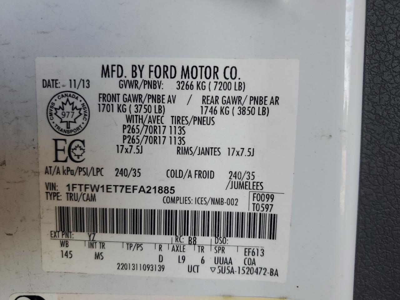 2014 Ford F150 Supercrew VIN: 1FTFW1ET7EFA21885 Lot: 81234605