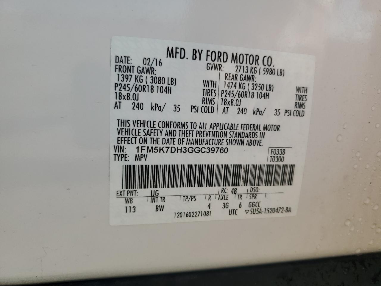 2016 Ford Explorer Xlt VIN: 1FM5K7DH3GGC39760 Lot: 80098915