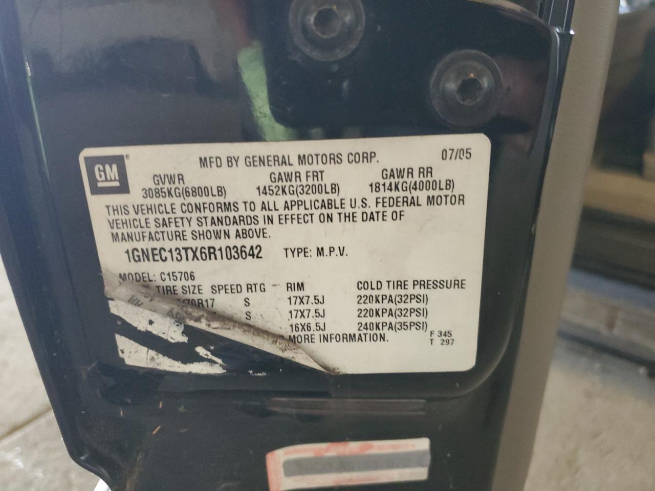 2006 Chevrolet Tahoe C1500 VIN: 1GNEC13TX6R103642 Lot: 71287885