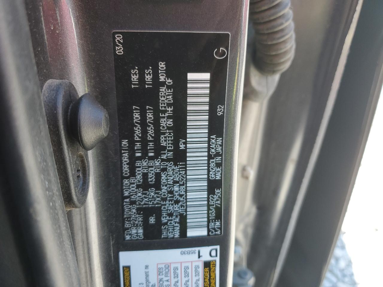 2020 Toyota 4Runner Sr5 VIN: JTEZU5JR8L5224111 Lot: 80739275