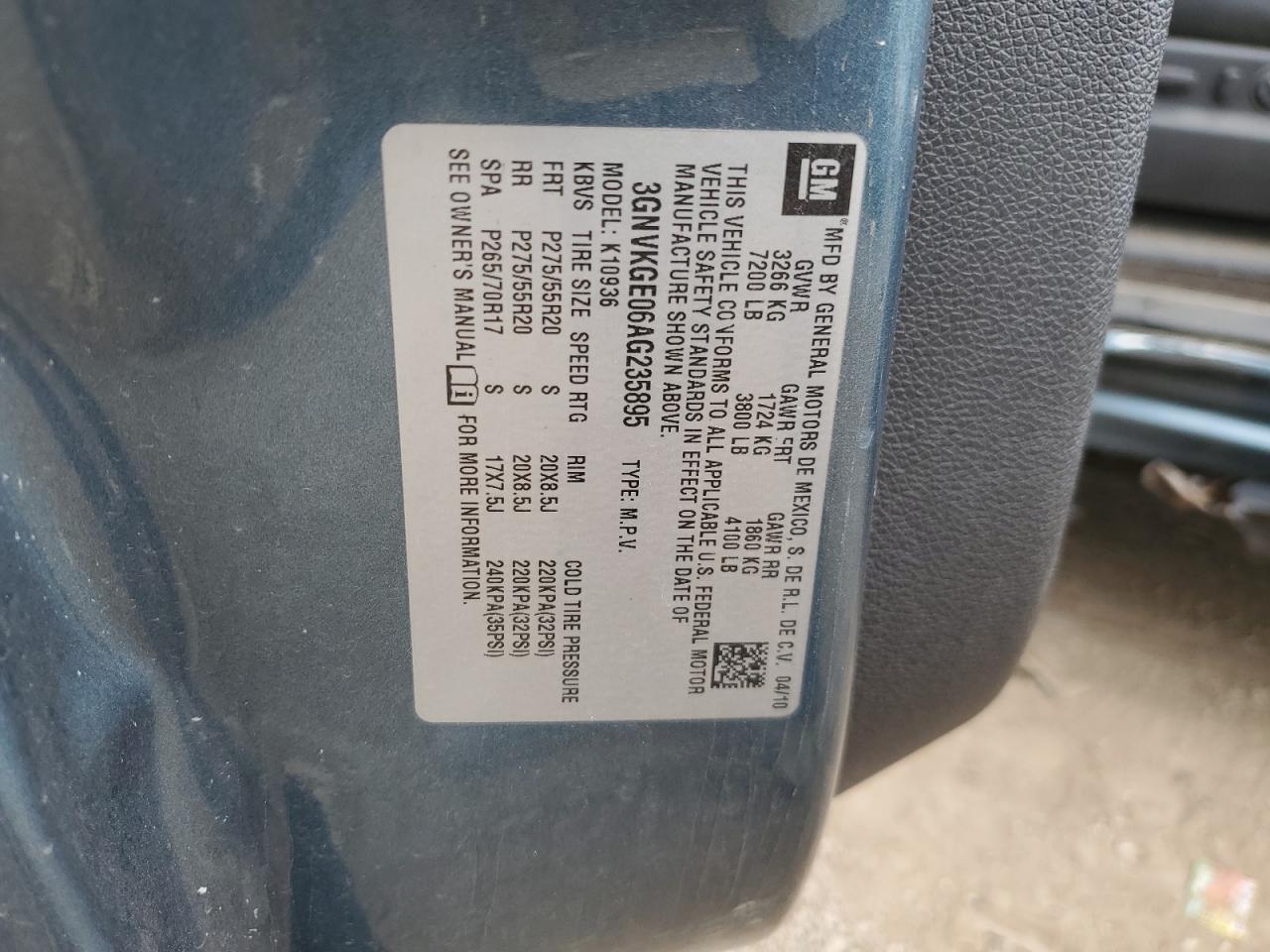 2010 Chevrolet Avalanche Ltz VIN: 3GNVKGE06AG235895 Lot: 81141835