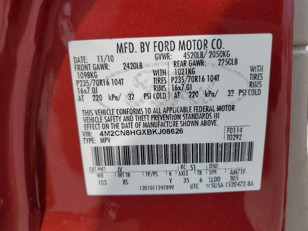 2011 Mercury Mariner Premier VIN: 4M2CN8HGXBKJ08626 Lot: 81599615