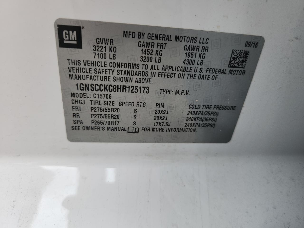 2017 Chevrolet Tahoe C1500 Premier VIN: 1GNSCCKC8HR125173 Lot: 84445565