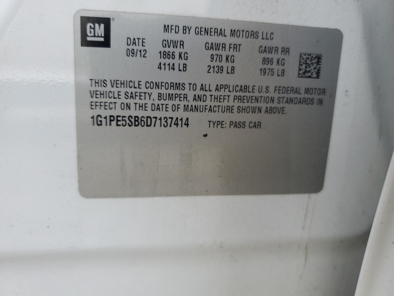 2013 Chevrolet Cruze Lt VIN: 1G1PE5SB6D7137414 Lot: 84433615