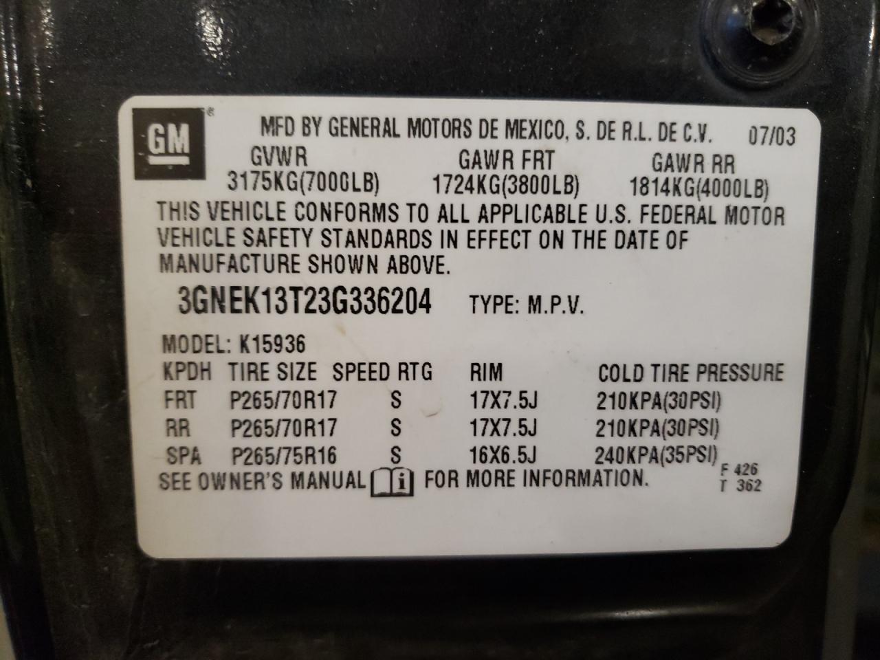 2003 Chevrolet Avalanche K1500 VIN: 3GNEK13T23G336204 Lot: 80801625
