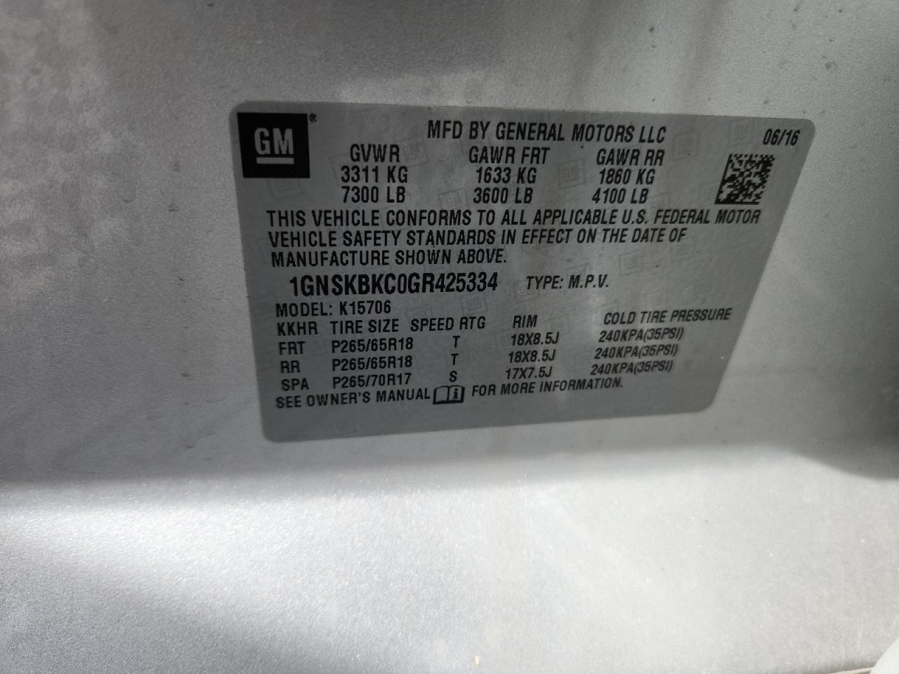 2016 Chevrolet Tahoe K1500 Lt VIN: 1GNSKBKC0GR425334 Lot: 80571525