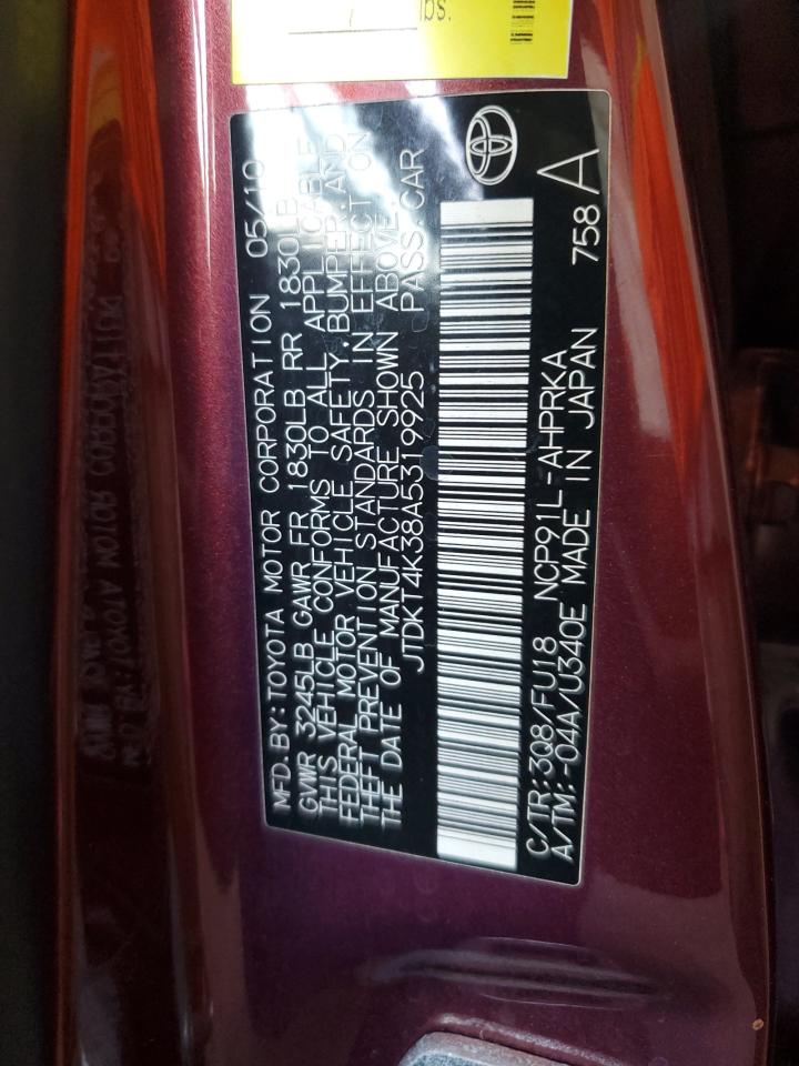 2010 Toyota Yaris VIN: JTDKT4K38A5319925 Lot: 72001805