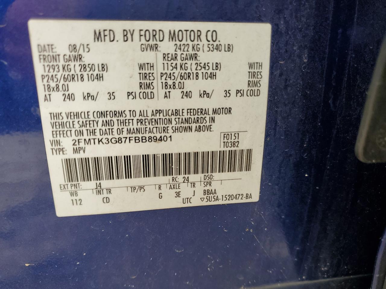 2015 Ford Edge Se VIN: 2FMTK3G87FBB89401 Lot: 80538975