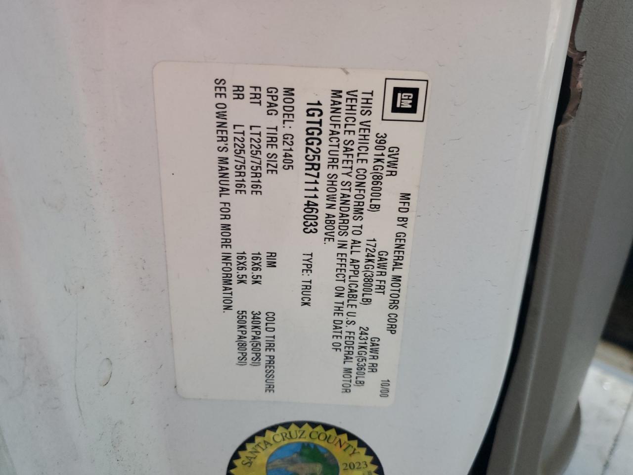 2001 GMC Savana G2500 VIN: 1GTGG25R711146033 Lot: 81725805