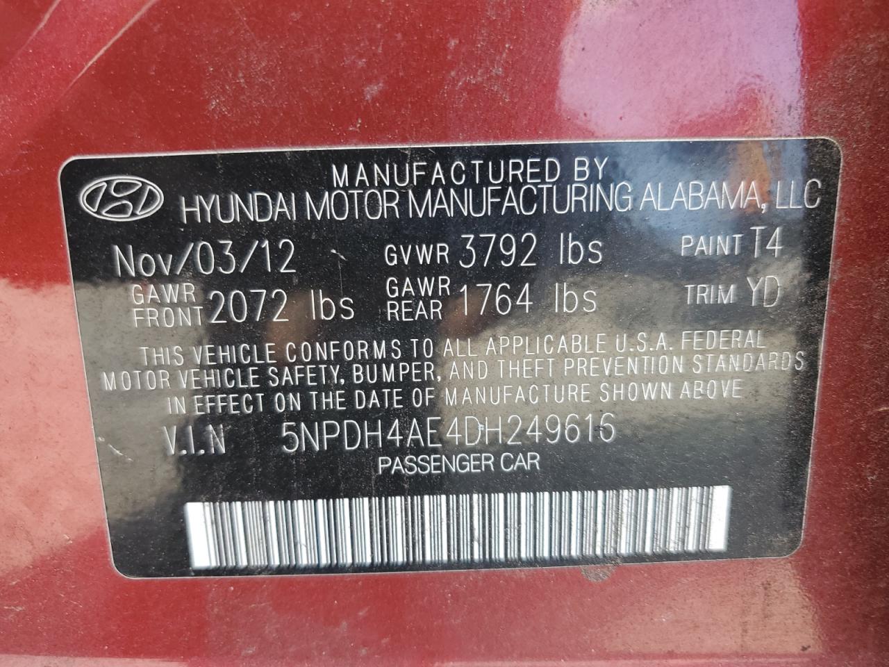 2013 Hyundai Elantra Gls VIN: 5NPDH4AE4DH249616 Lot: 81478295