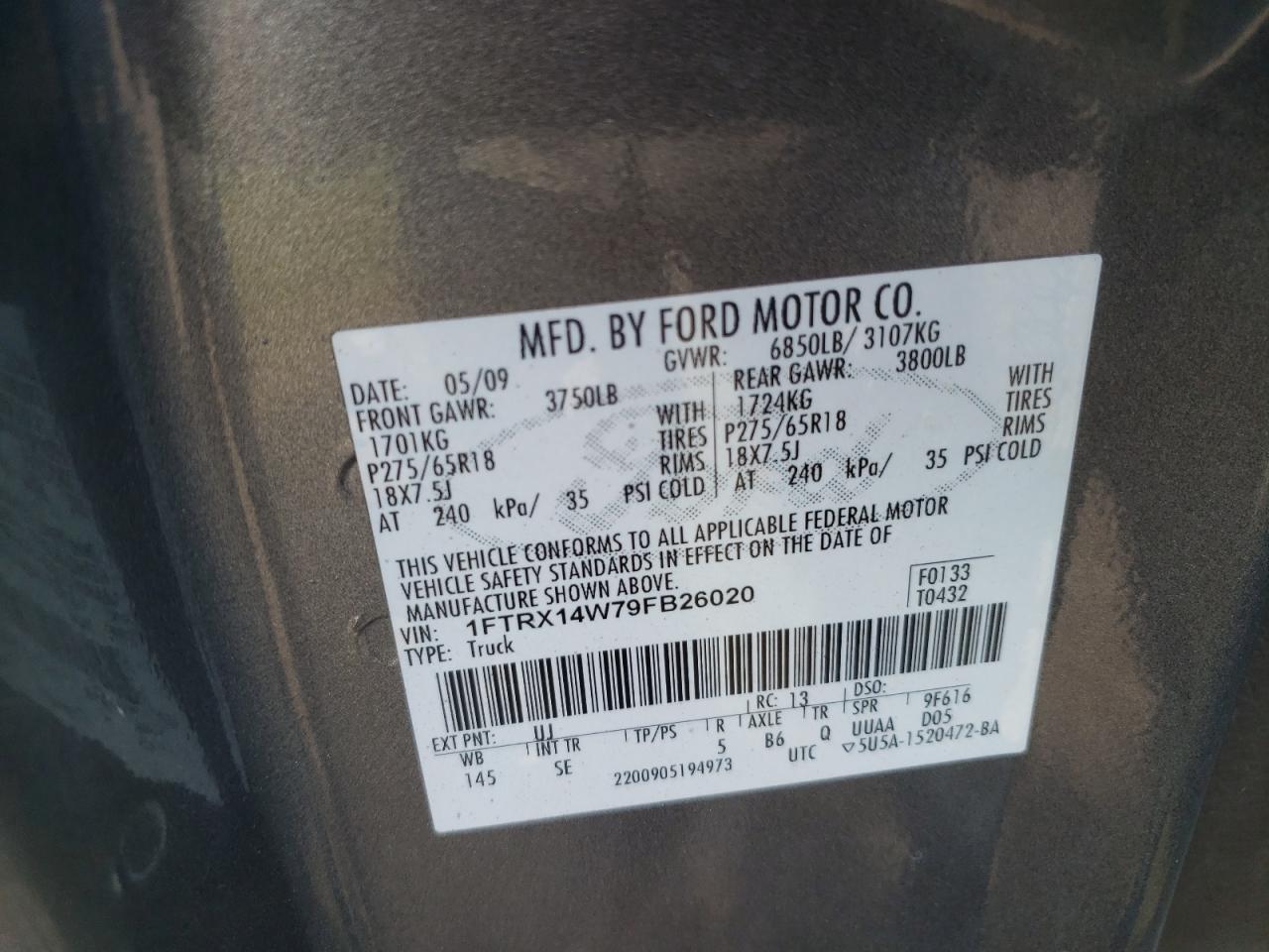2009 Ford F150 Super Cab VIN: 1FTRX14W79FB26020 Lot: 71348725