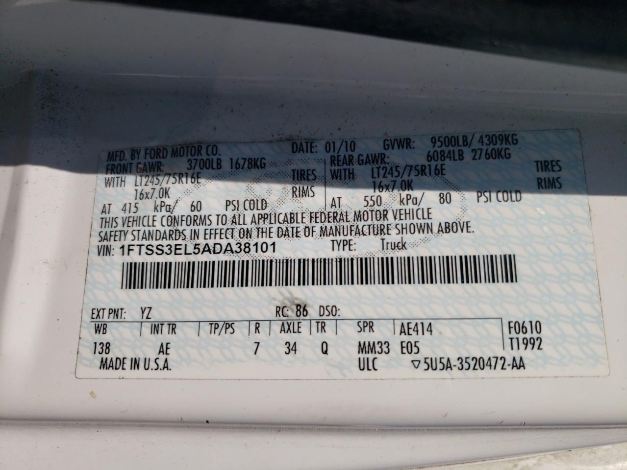 2010 Ford Econoline E350 Super Duty Van VIN: 1FTSS3EL5ADA38101 Lot: 86888615