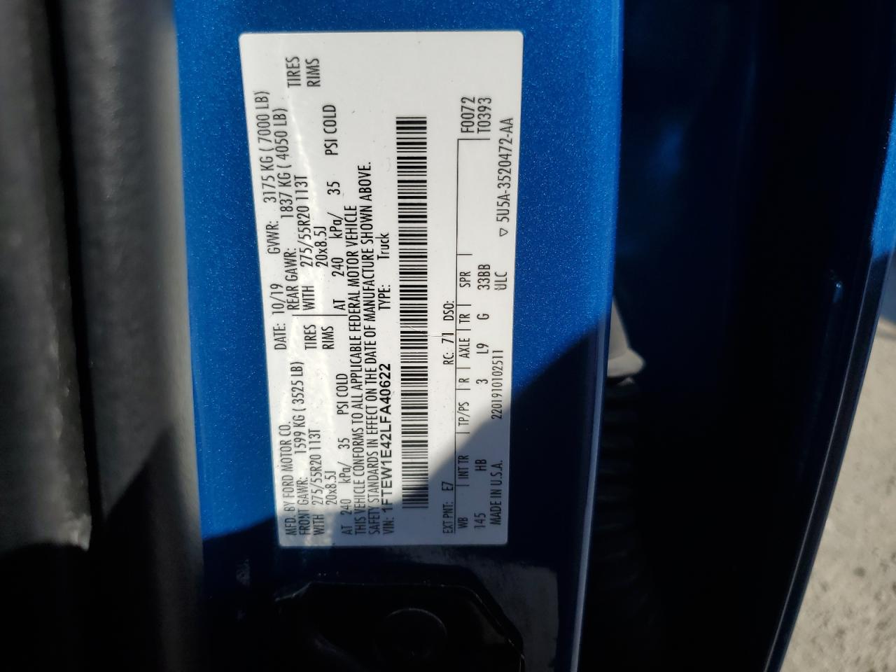 2020 Ford F150 Supercrew VIN: 1FTEW1E42LFA40622 Lot: 72070605