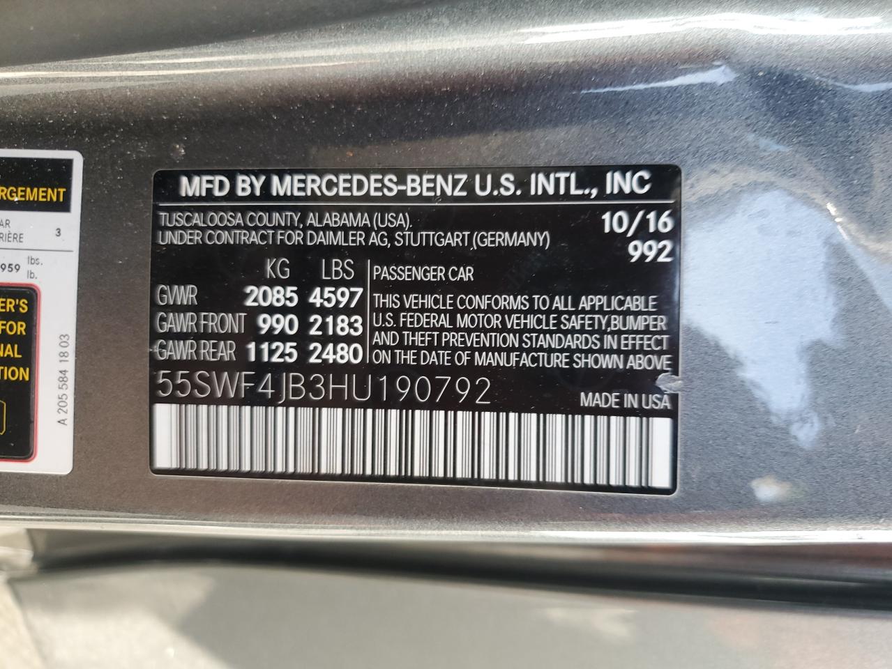 2017 Mercedes-Benz C 300 VIN: 55SWF4JB3HU190792 Lot: 81411435