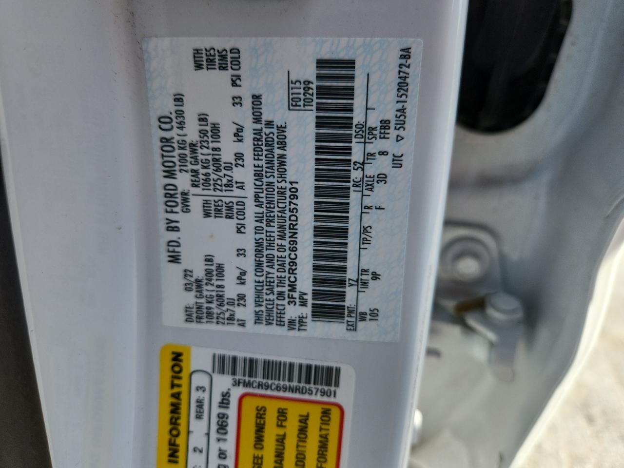 2022 Ford Bronco Sport Outer Banks VIN: 3FMCR9C69NRD57901 Lot: 81982295