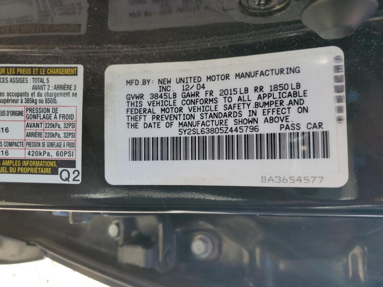 2005 Pontiac Vibe VIN: 5Y2SL63805Z445796 Lot: 84595675