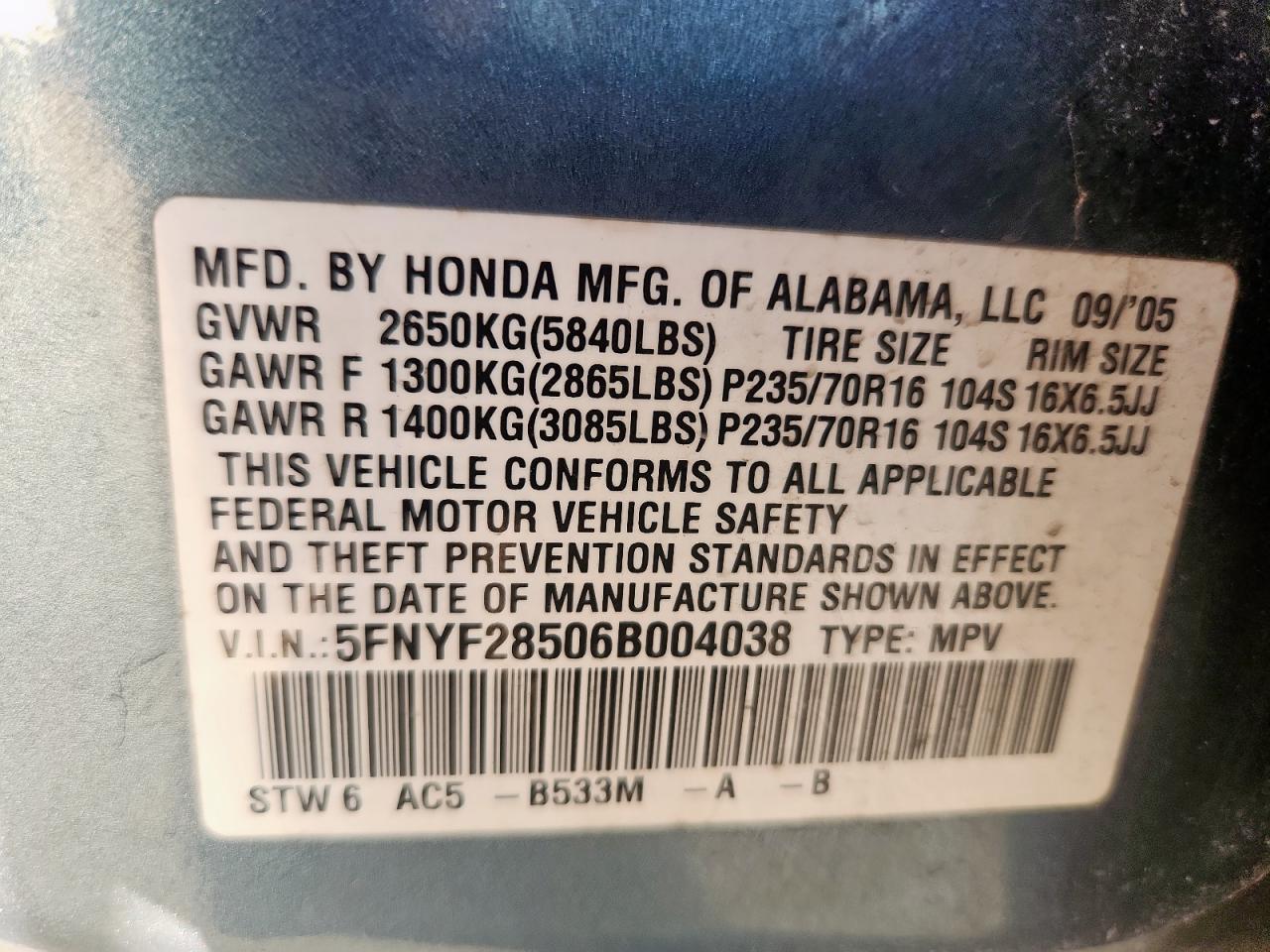 2006 Honda Pilot Ex VIN: 5FNYF28506B004038 Lot: 83904505