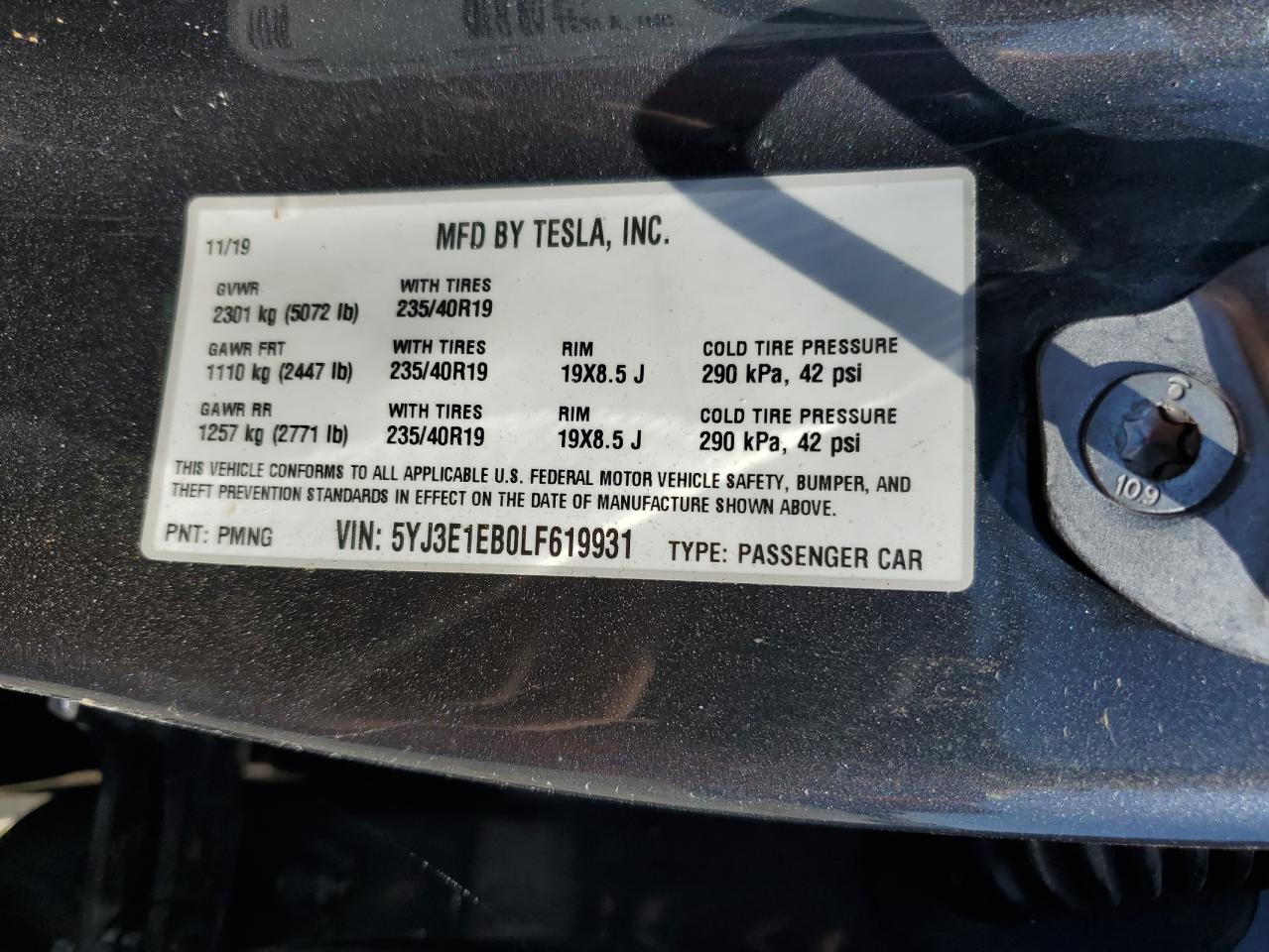 2020 Tesla Model 3 VIN: 5YJ3E1EB0LF619931 Lot: 70173335