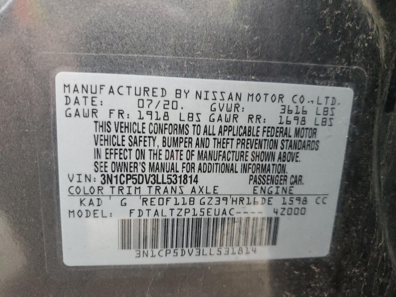 2020 Nissan Kicks Sr VIN: 3N1CP5DV3LL531814 Lot: 81115315