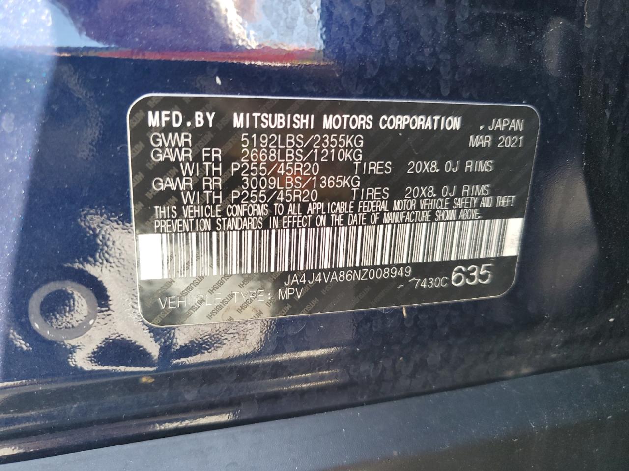 2022 Mitsubishi Outlander Sel VIN: JA4J4VA86NZ008949 Lot: 82031015