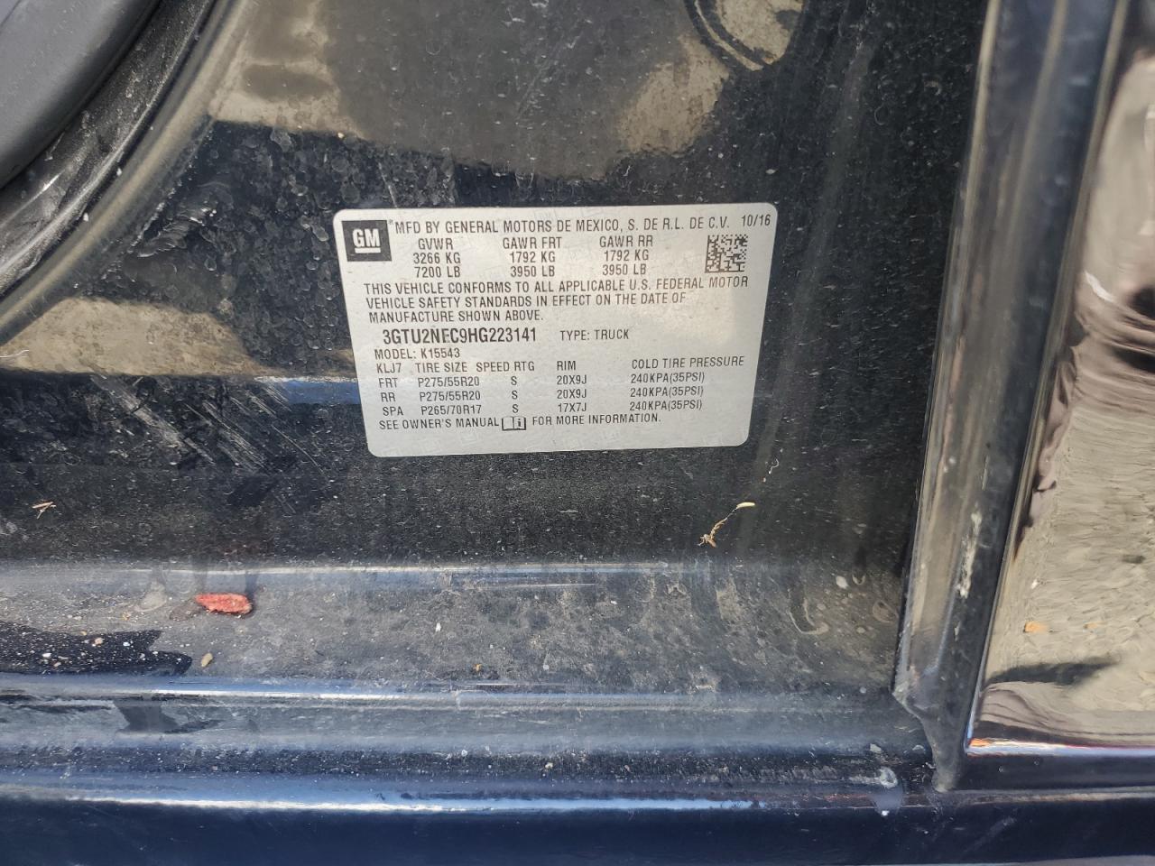 2017 GMC Sierra K1500 Slt VIN: 3GTU2NEC9HG223141 Lot: 80478685
