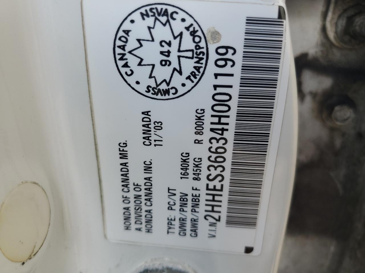 2004 Acura 1.7El Touring VIN: 2HHES36634H001199 Lot: 70046705