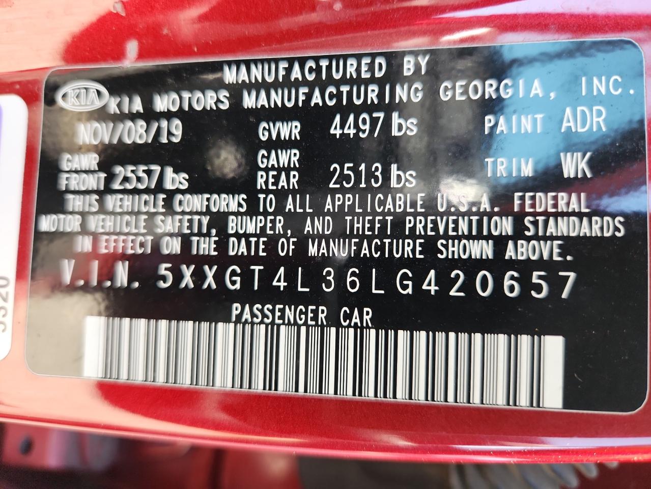 2020 Kia Optima Lx VIN: 5XXGT4L36LG420657 Lot: 72047205