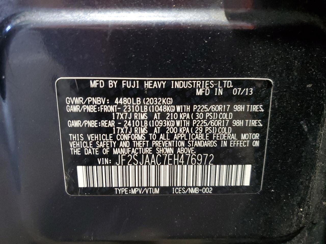 2014 Subaru Forester 2.5I VIN: JF2SJAAC7EH476972 Lot: 84380165