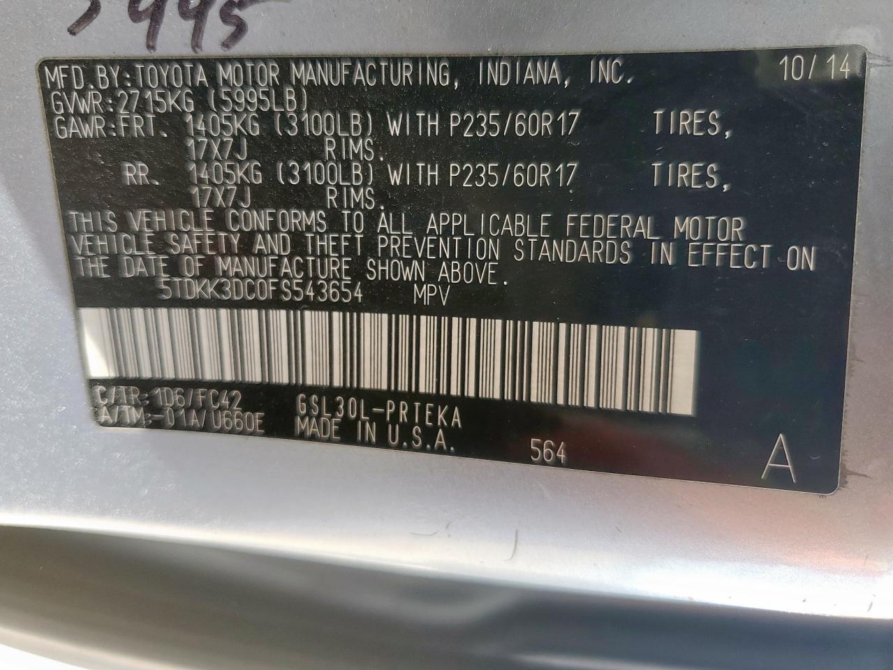 2015 Toyota Sienna Le VIN: 5TDKK3DC0FS543654 Lot: 84295955