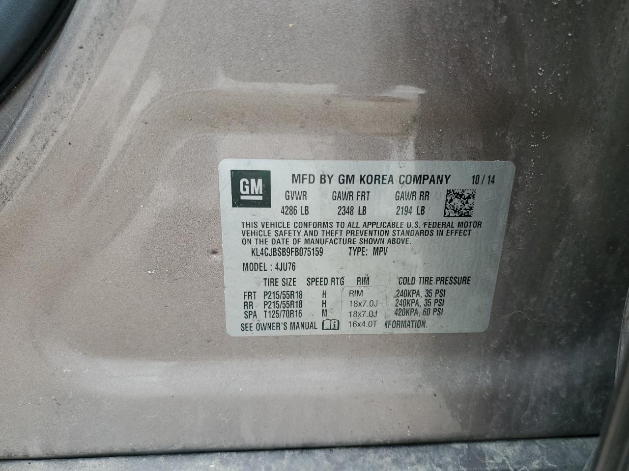 2015 Buick Encore Convenience VIN: KL4CJBSB9FB075159 Lot: 81822935