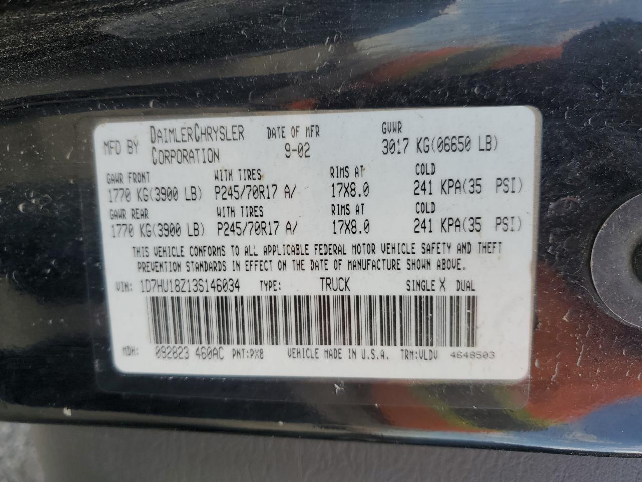 2003 Dodge Ram 1500 St VIN: 1D7HU18Z13S146034 Lot: 80324945