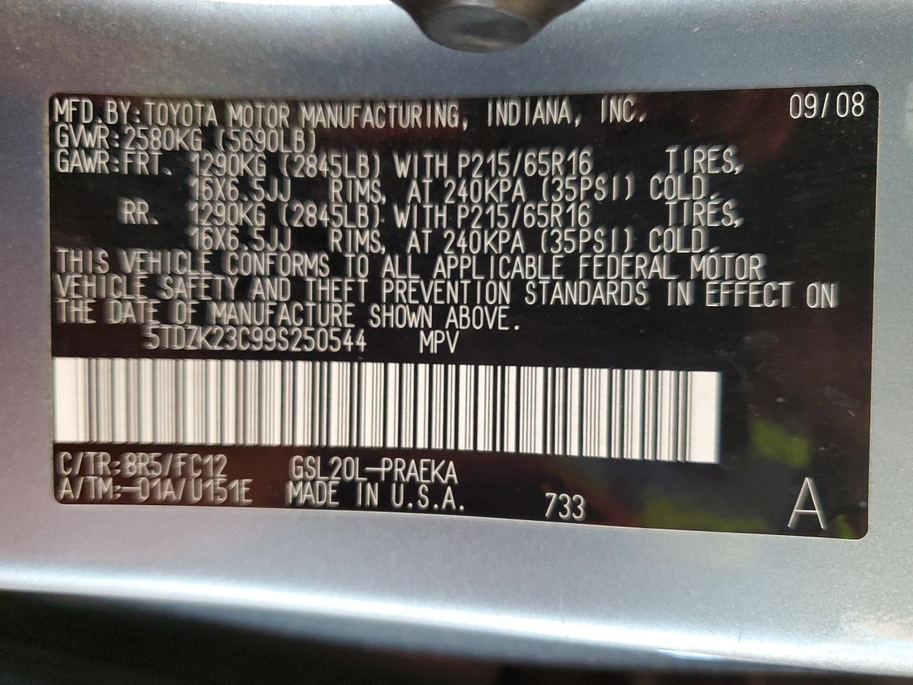 2009 Toyota Sienna Ce VIN: 5TDZK23C99S250544 Lot: 80379765