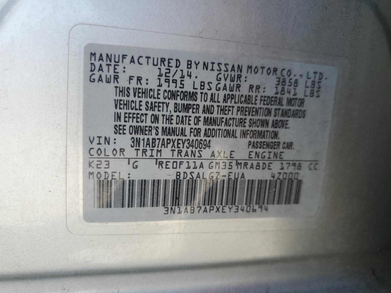 2014 Nissan Sentra S VIN: 3N1AB7APXEY340694 Lot: 83889175