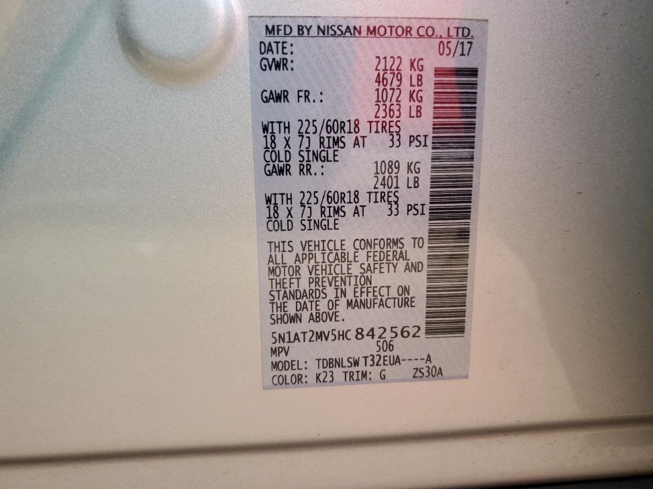 2017 Nissan Rogue Sv VIN: 5N1AT2MV5HC842562 Lot: 83807155