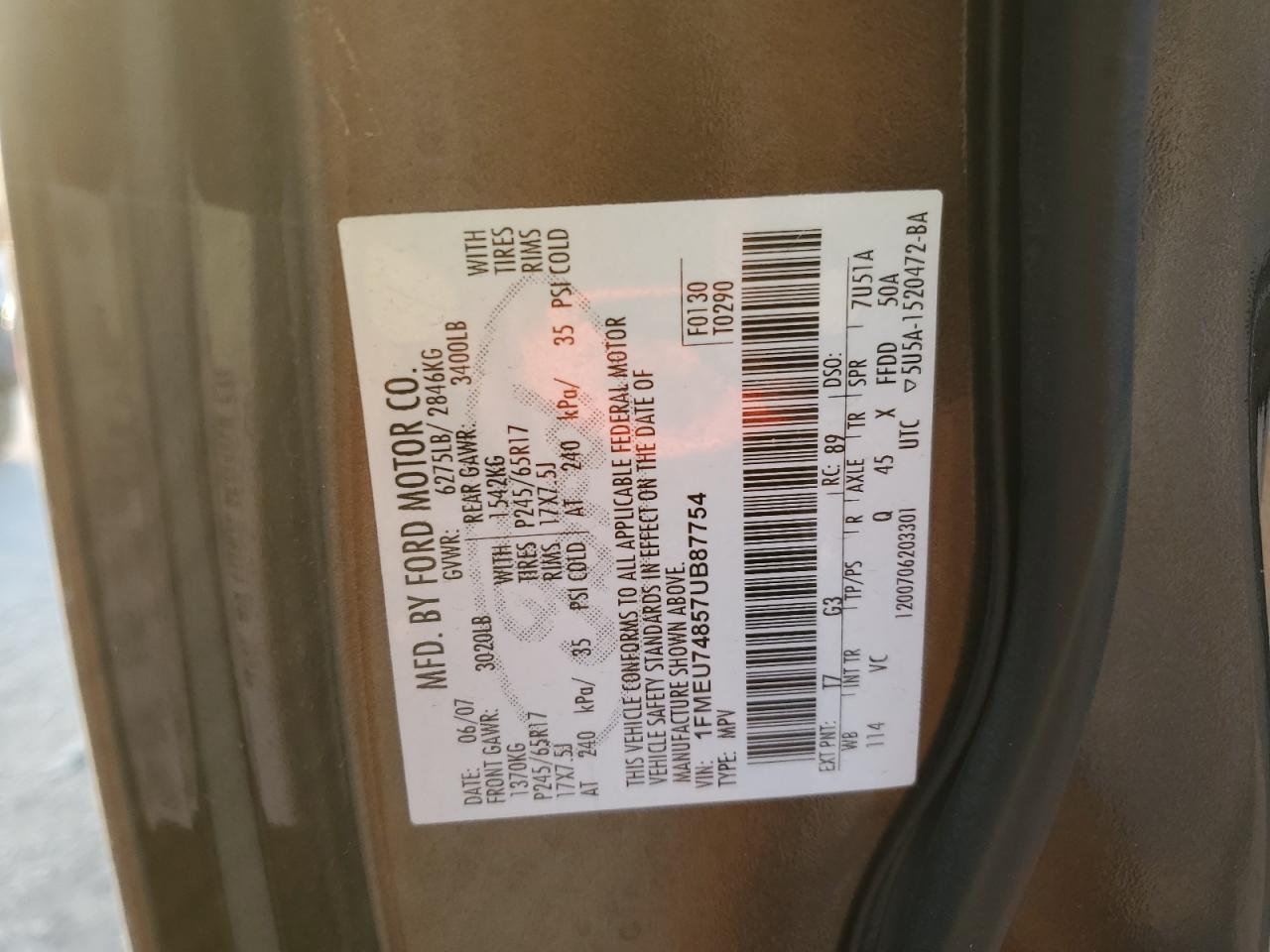 2007 Ford Explorer Eddie Bauer VIN: 1FMEU74857UB87754 Lot: 80800255