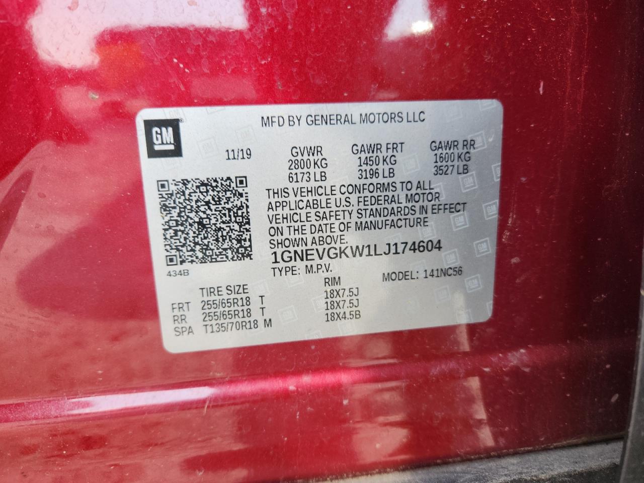 2020 Chevrolet Traverse Lt VIN: 1GNEVGKW1LJ174604 Lot: 71879985