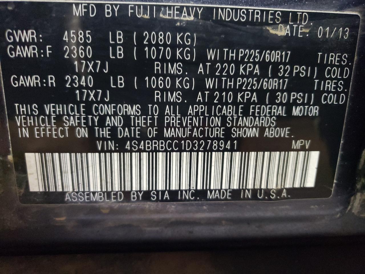 2013 Subaru Outback 2.5I Premium VIN: 4S4BRBCC1D3278941 Lot: 80222415