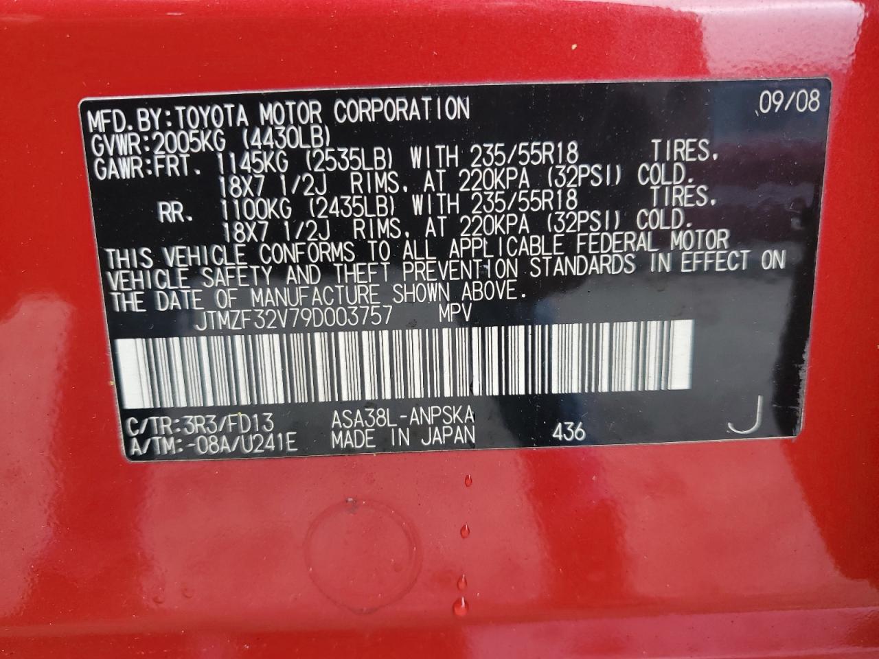 2009 Toyota Rav4 Sport VIN: JTMZF32V79D003757 Lot: 81051445