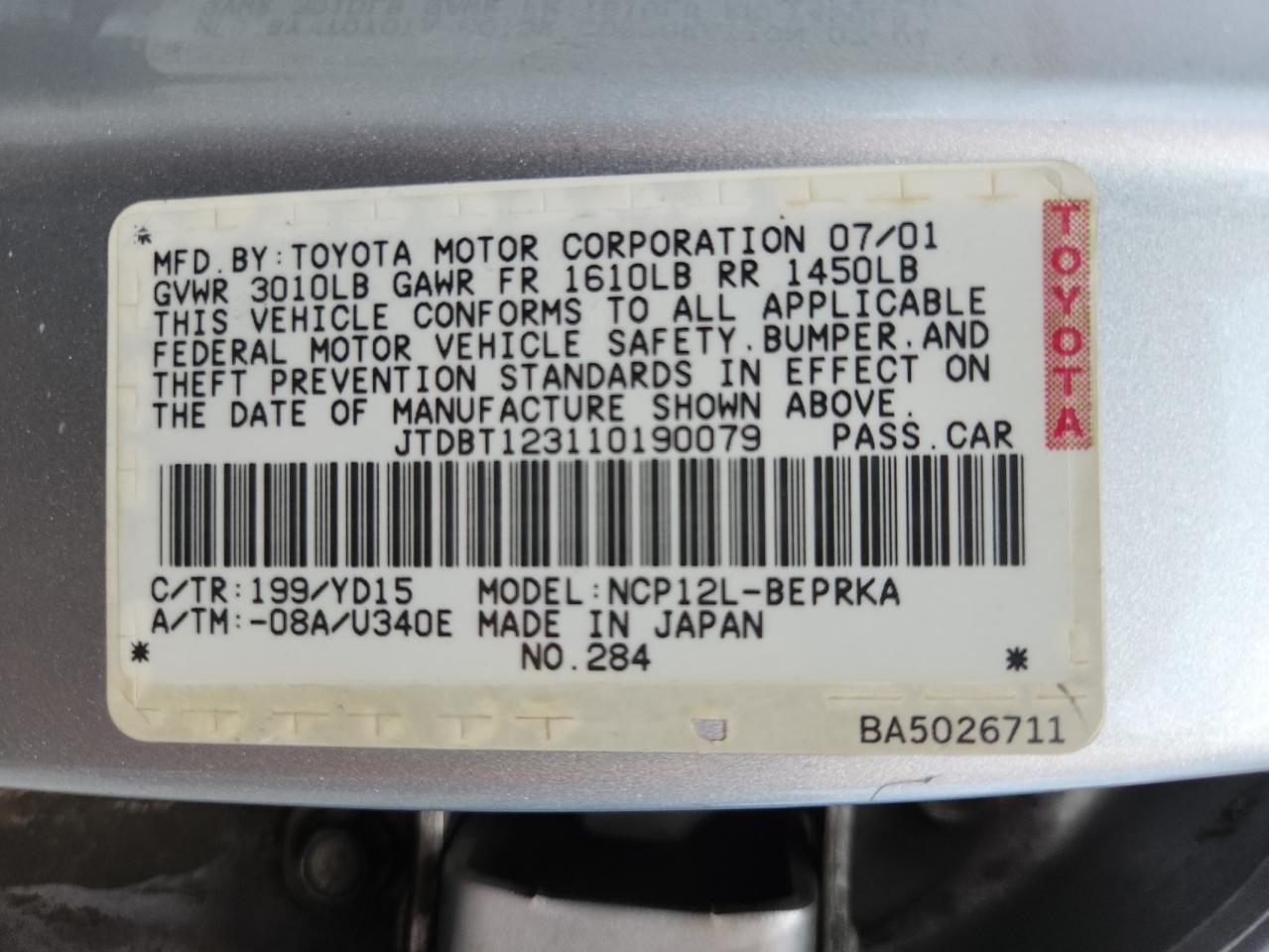 2001 Toyota Echo VIN: JTDBT123110190079 Lot: 71868995