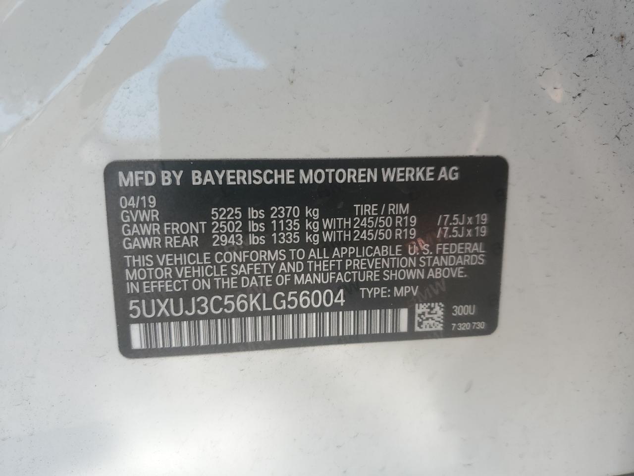 2019 BMW X4 xDrive30I VIN: 5UXUJ3C56KLG56004 Lot: 70749875