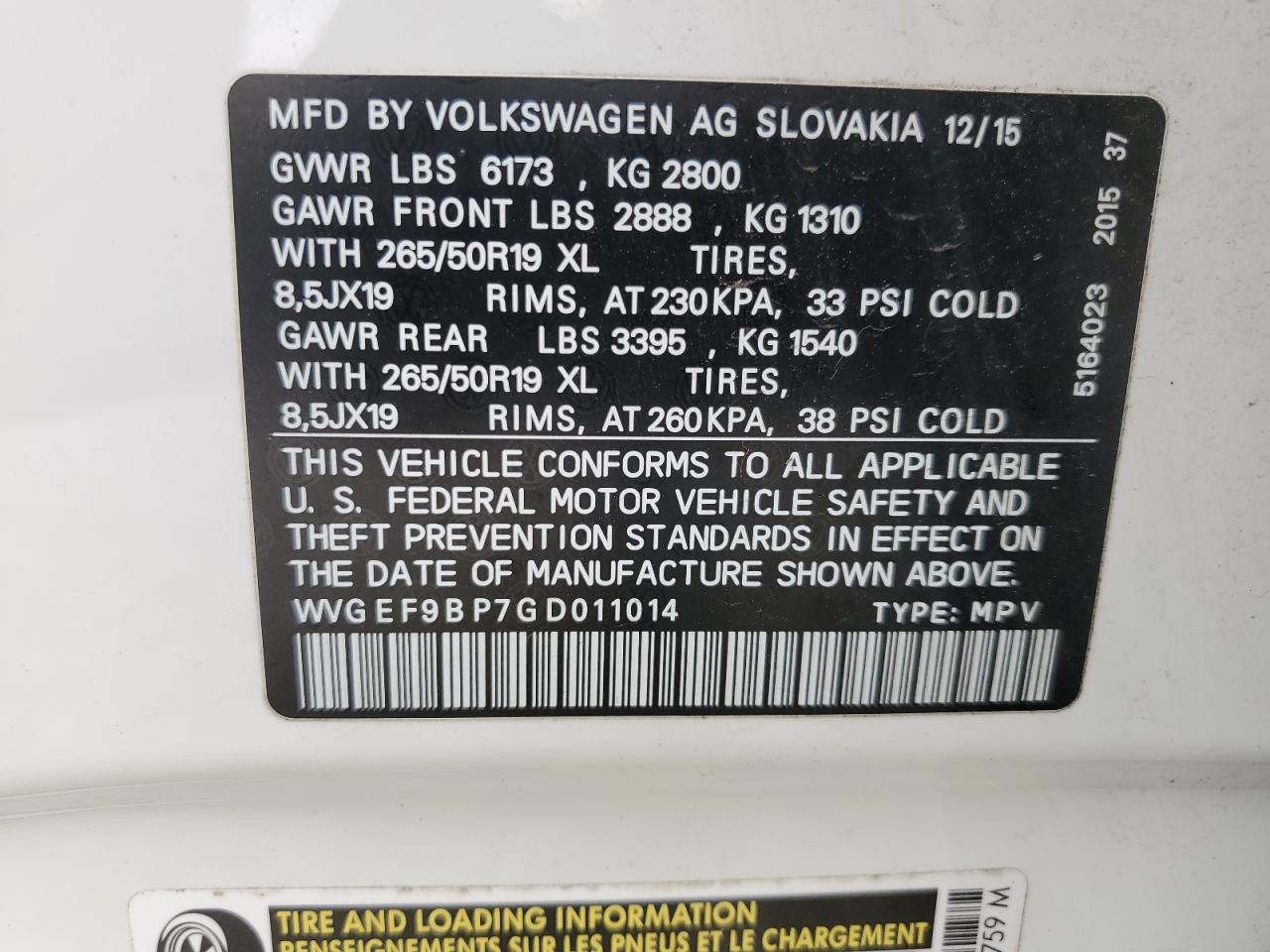 2016 Volkswagen Touareg Sport VIN: WVGEF9BP7GD011014 Lot: 83773675